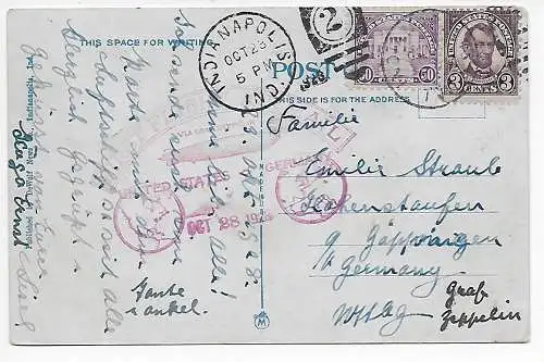 picture post card south gros lake, IND, via Graf Zeppelin 1928 to Germany