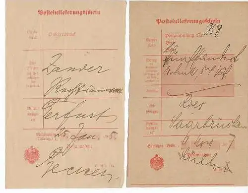 2x Certificat de livraison postale Mühlhausen, Hayingen vers Erfurt/Saarbrücken, 1905/07