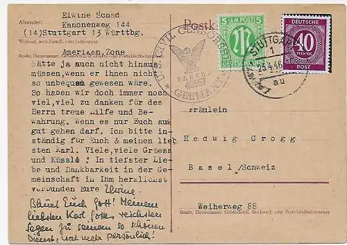 Postkarte Stuttgart nach Basel, 1946 mit Zensur