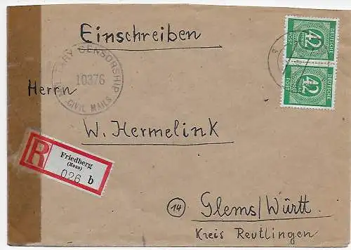 MeF Inscription Friedberg vers Glems, dos Stamp Neuhausen/Urach 1948