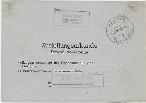 Generalgouvernement GG: Zustellurkunde Mecina/Limanowa 1942 an das Gericht