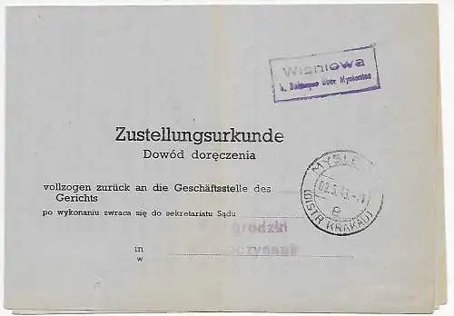 Generalgouvernement GG Zustellurkunde Wisniowa/Myslenice 1943 an das Gericht
