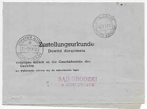 Generalgouvernement GG Zustellurkunde Myslenice 1943 an das Gericht