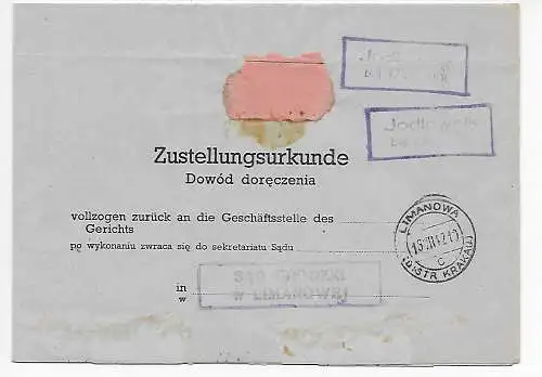 Gouvernement général GG: certificat de livraison de Jodlovnik/Limanova 1942 au tribunal