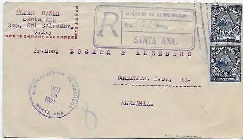 Administration Santa Ana, Einschreiben nach Chemnitz, 1921