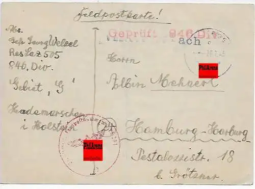 Carte postale de terrain entreposés internes Hademarschen- Hambourg Censure sans HHZ dans le cachet