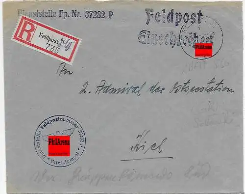 Feldpost Einschreiben nach Kiel-Wik, FPNr. 37282 P, Saloniki - Griechenland