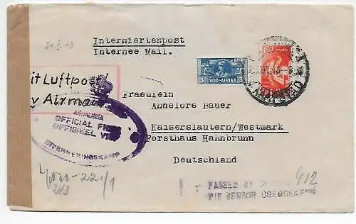 Interniertenpost Südafrika, 1943 Andalusia/Transvaal - Kaiserslautern, Zensur