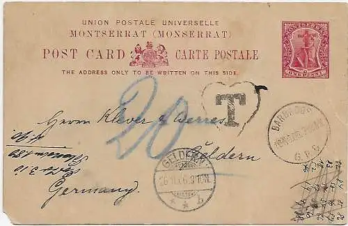 post card Monserrat /Barbados nach Geldern, Taxe - Nachgebühr 1906