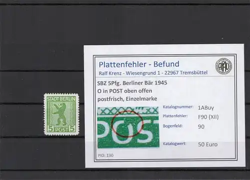 SBZ 1945 PLATTENFEHLER Nr 1ABuy XII postfrisch (210325)