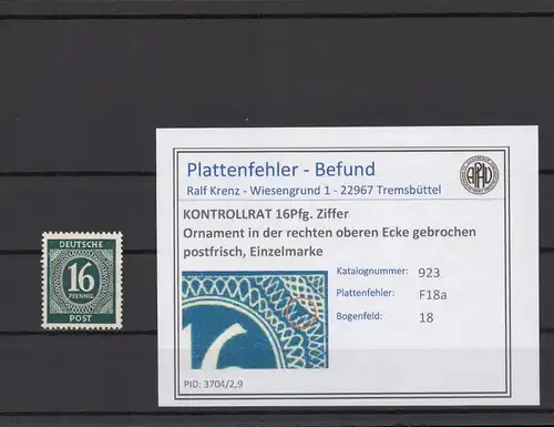 KONTROLLRAT 1947 PLATTENFEHLER Nr 923 F18a postfrisch (214643)