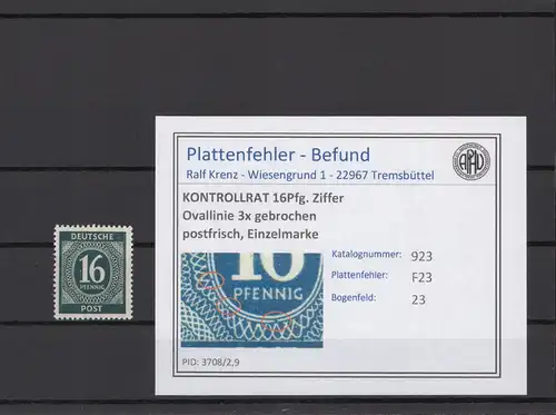 KONTROLLRAT 1947 PLATTENFEHLER Nr 923 F23 postfrisch (214647)