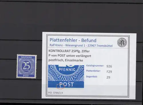 KONTROLLRAT 1947 PLATTENFEHLER Nr 926 F29 postfrisch (214707)