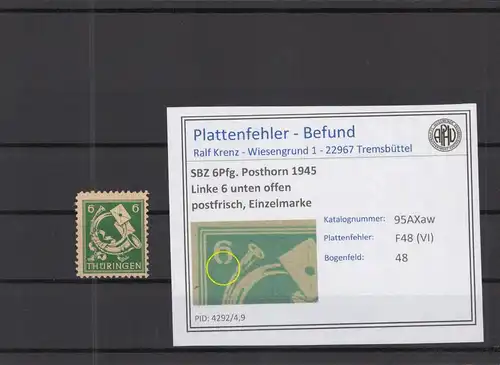 SBZ 1945 PLATTENFEHLER Nr 95AXaw VI postfrisch (218218)