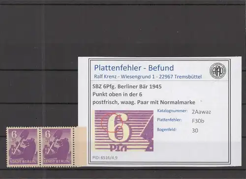 SBZ 1945 PLATTENFEHLER Nr 2Awaz F30b postfrisch (218512)