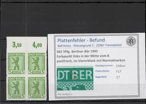 SBZ 1945 PLATTENFEHLER Nr 1ABux F17 postfrisch (218530)