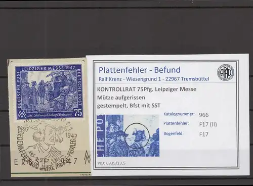 KONTROLLRAT 1948 PLATTENFEHLER Nr 966 II gestempelt (219124)