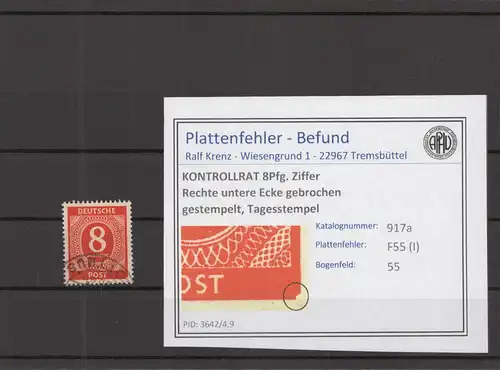 KONTROLLRAT 1947 PLATTENFEHLER Nr 917 I gestempelt (219145)