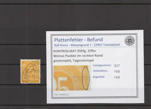 KONTROLLRAT 1946 PLATTENFEHLER Nr 927 F68 gestempelt (219154)