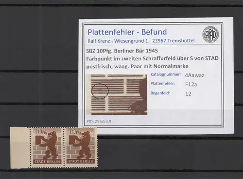 SBZ 1945 PLATTENFEHLER Nr 4Awaz F12a postfrisch (219177)