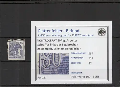 KONTROLLRAT 1946 PLATTENFEHLER Nr 957 F22 gestempelt (221325)