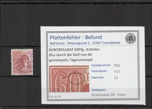 KONTROLLRAT 1946 PLATTENFEHLER Nr 956 F21 gestempelt (221335)