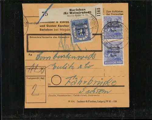 SBZ 1948 Interessante Paketkarte mit Nr 205 gestempelt (226530)