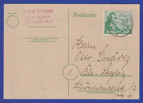 Berlin 1949 Goethe 10Pfg. Mi.-Nr. 61 auf Postkarte, O BERLIN-LANKWITZ