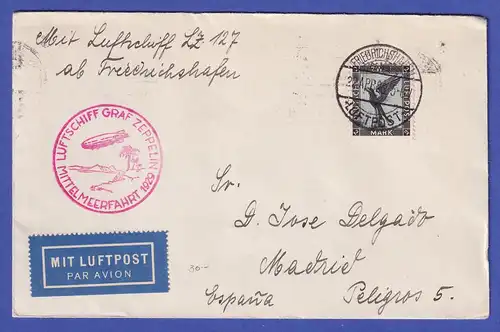 Dt. Reich Zeppelin Mittelmeerfahrt 1929 Brief bis Sevilla EF 2 Mark Mi-Nr. 383