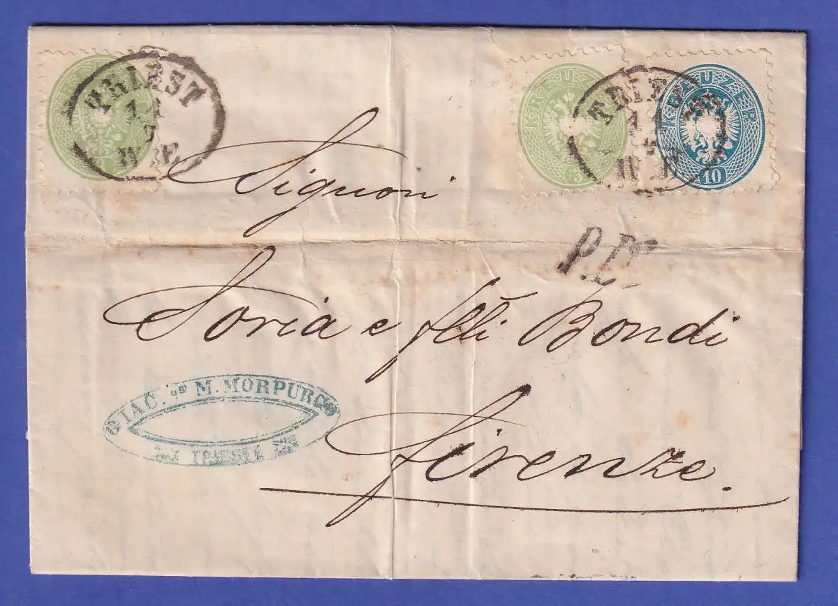 Österreich Mi.-Nr. 31 und 33 als MIF auf Brief O TRIEST nach FLORENZ 1867