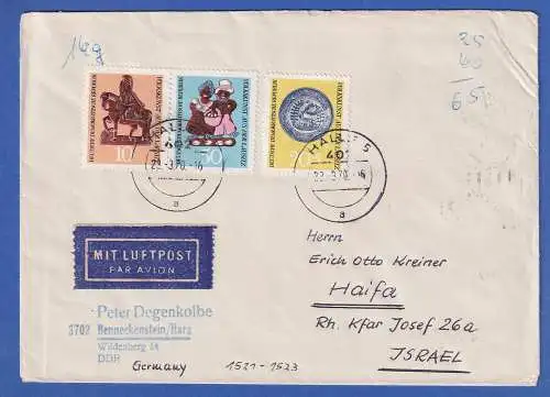 DDR 1970 Mi.-Nr. 1521-23 auf Lp-Brief geflogen von HALLE nach Haifa / Israel