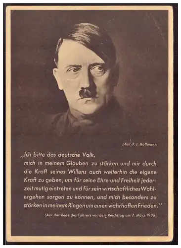 [Propagandapostkarte] Propagandakarte, Adolf Hitler, Hoffmannkarte Rede vom 7.3.1936, Rückseite gedruckter Text Gauleiter Schwaben, Herausgeber NSDAP Gaupropagandaleitung Schwaben, Die Karte ist eine Sehr Seltene Karte!!. 