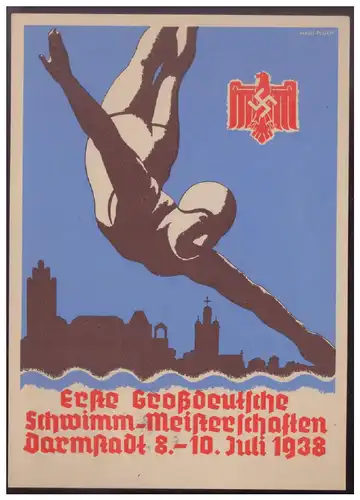 [Propagandapostkarte] Propagandakarte Erste Großdeutsche Schwimm-Meisterschaften Darmstadt 8.-10.7.1938 mit entsp. SST. 