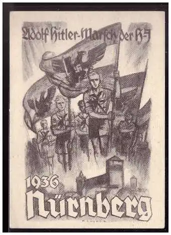 [Propagandapostkarte] Propagandakarte, Adolf-Hitler Marsch der HJ Nürnberg 1936, ungebraucht. 
