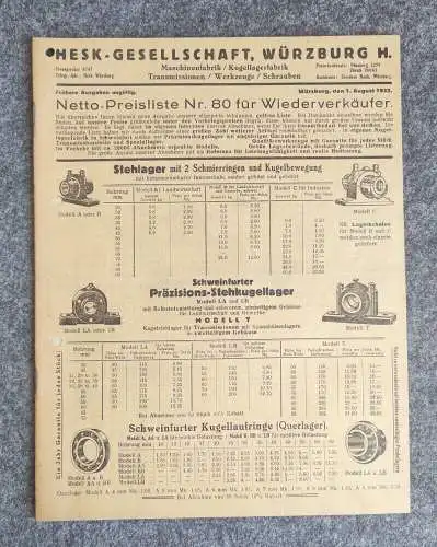 Hesk Gesellschaft Würzburg Netto Preisliste für Wiederverkäufer 1932