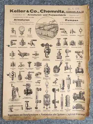 Keller und Co Chemnitz Armaturen Pumpenfabrik alter Prospekt 1929