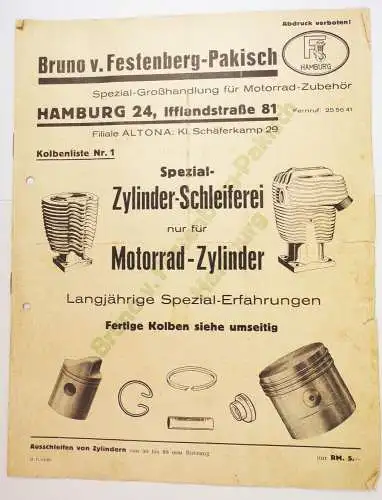 Prospekt Zylinder Schleifen Motorrad Ferstenberg Pakisch Hamburg 1930 er