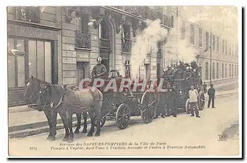 Paris Cartes postales Services des sapeurs pompiers de la Ville de Paris Pompes a vapeur dont l�une a traction a