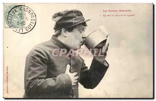 Cartes postales Fantaisie Militaria Humour La bonne gamelle Ca sent le veau et le legume !