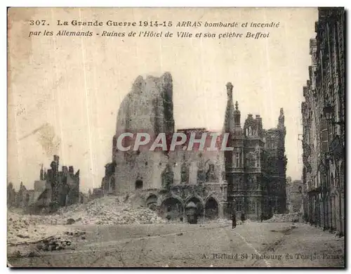 Cartes postales Arras bombarde Ruines de l hotel de ville et son celebre beffroi Militaria