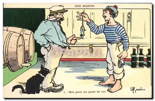 Cartes postales Illustrateur Gervese Nos marins Bon pour un quart de vin Chat Souris