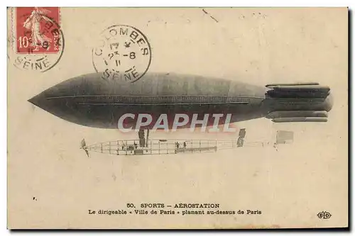 Cartes postales Aviation Dirigeable Zeppelin Aerostation Le dirigeable Ville de Paris planant au dessus de Paris