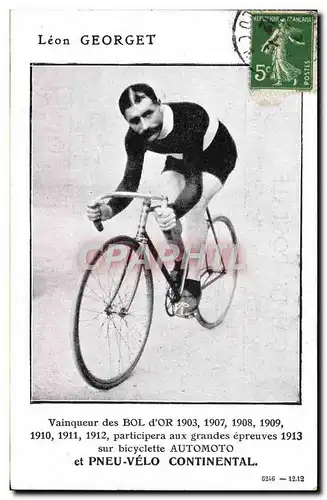 Cartes postales Velo Cycle Cyclisme Leon Georget Vainqueur des Bol d&#39Or Pneu Velo Continental