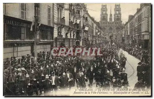 Cartes postales Sapeurs Pompiers Orleans la fete de Jeanne d&#39Arc en 1907 Banniere de la ville d&#39Orleans Mu