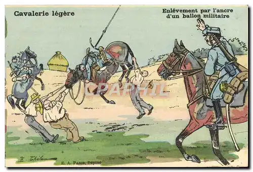 Cartes postales Fantaisie Militaria Cavalerie legere Enlevement par l&#39ancre d&#39un ballon militaire Cheval