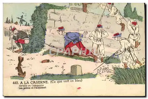 Cartes postales Fantaisie Militaria A la caserne Ce que voit un bleu Les poires de l&#39adjudant