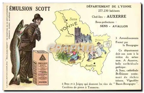 Cartes postales Carte geographique Emulsion Scott Yonne Auxerre Poisson