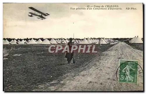 Cartes postales Militaria Camp de Chalons Vue generale d&#39un campement d&#39infanterie Avion Aviation