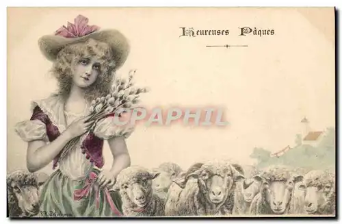 Cartes postales Fantaisie Femme Moutons Paques
