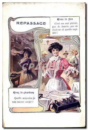 Cartes postales Repassage Blanchissage Avec le gaz Avec le charbon